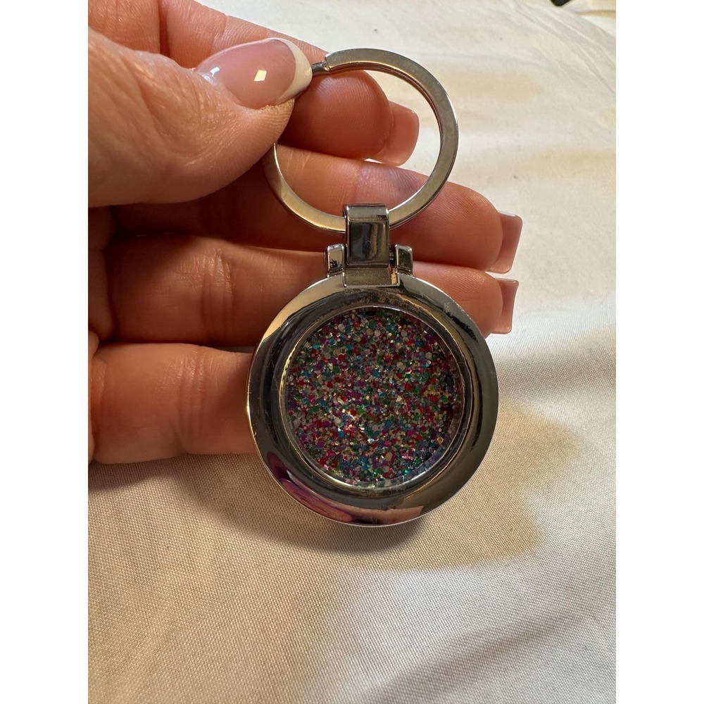 Silver Tone Round Floating Locket Keychain Multi Color Glitter Magnetic Closure